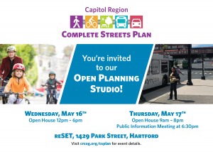 Flyer for the Open Planning Studio. Wednesday, May 16 from 12 PM to 6 PM and Thursday, May 17, from 9:00 AM to 8:00 PM. Public information meeting at 6:30 PM. reSET, 1429 Park Street, Hartford.